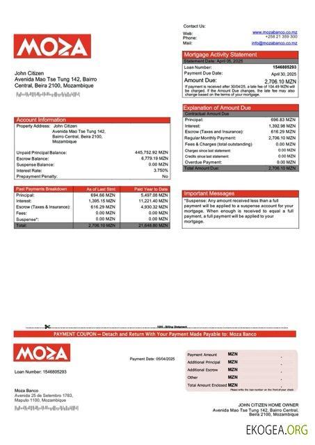 Modèle Word et PDF de relevé hypothécaire de Moza Banco au Mozambique
